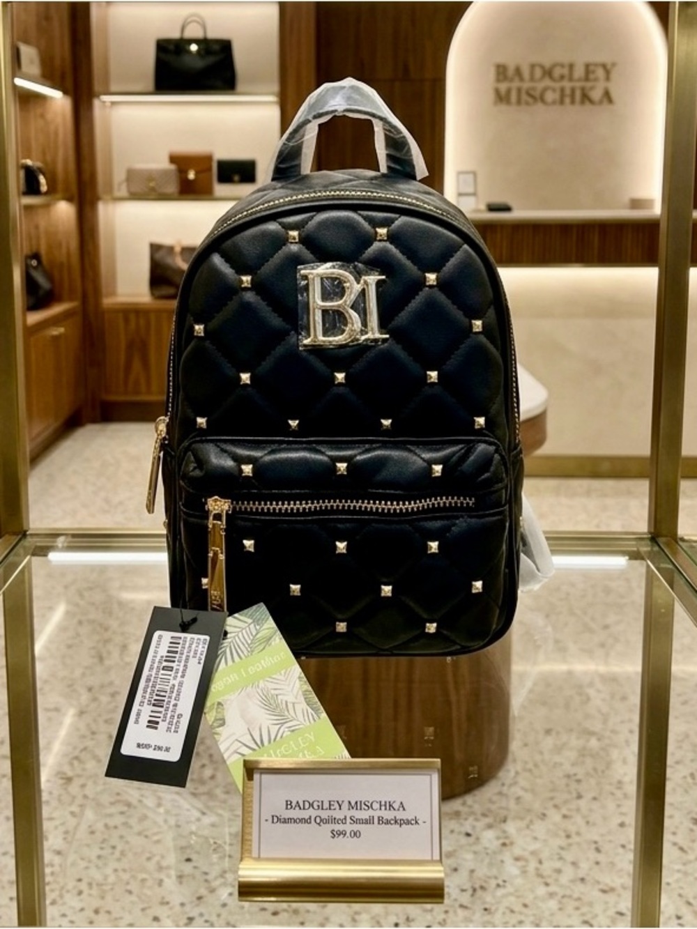 Badgley Mischka Black Quilted Mini Backpack Vegan Leather Studded Gold BM